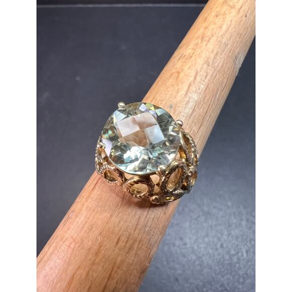 Vintage 10K Yellow Gold Prasiolite (Green Amethyst) Filigree Ring Size 7 - Picture 8 of 16